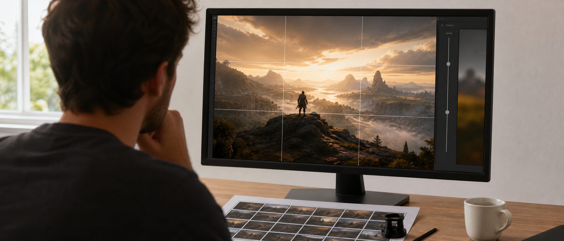 Somebody composing a frame in a game's photo mode on a large monitor, with a printed contact sheet of game frames and a loupe on the desk
