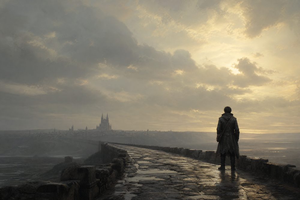 A lone traveller in a long coat at the right of frame on a wet stone causeway under a vast pale sky with a distant cathedral silhouette at left