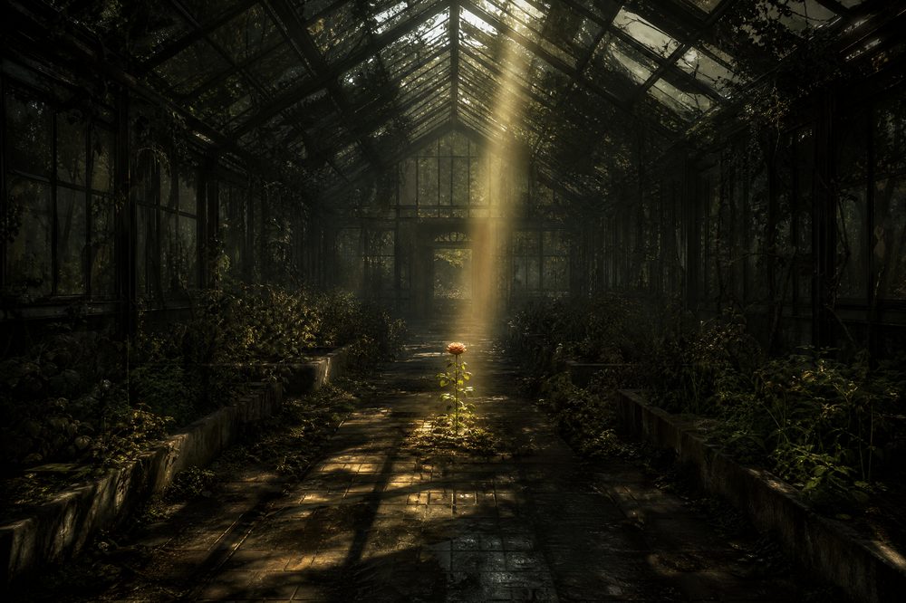 Interior of a derelict glasshouse with broken panels overhead casting a lattice of shadows across overgrown planting beds and a single lit rose