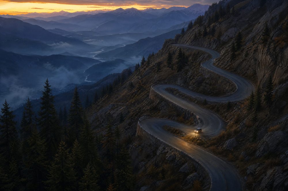 Aerial view of a mountain switchback road at dusk with a single vehicle's headlights on a bend and cold mist filling the valley below a thin band of gold sky