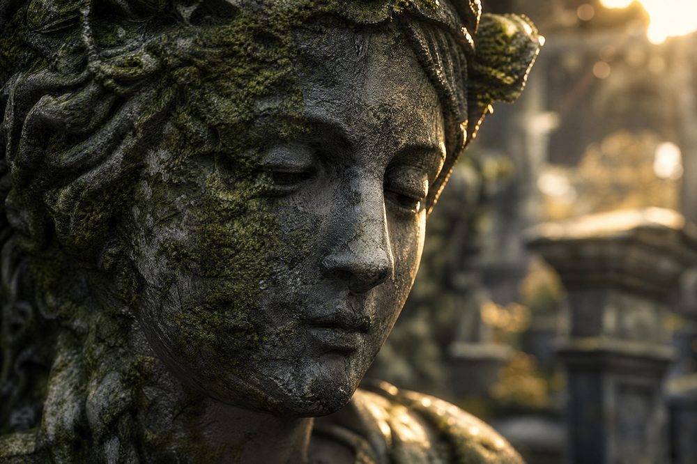 Close view of a weathered stone statue's face half consumed by moss shot with a long lens so the ruined temple behind dissolves into soft gold light