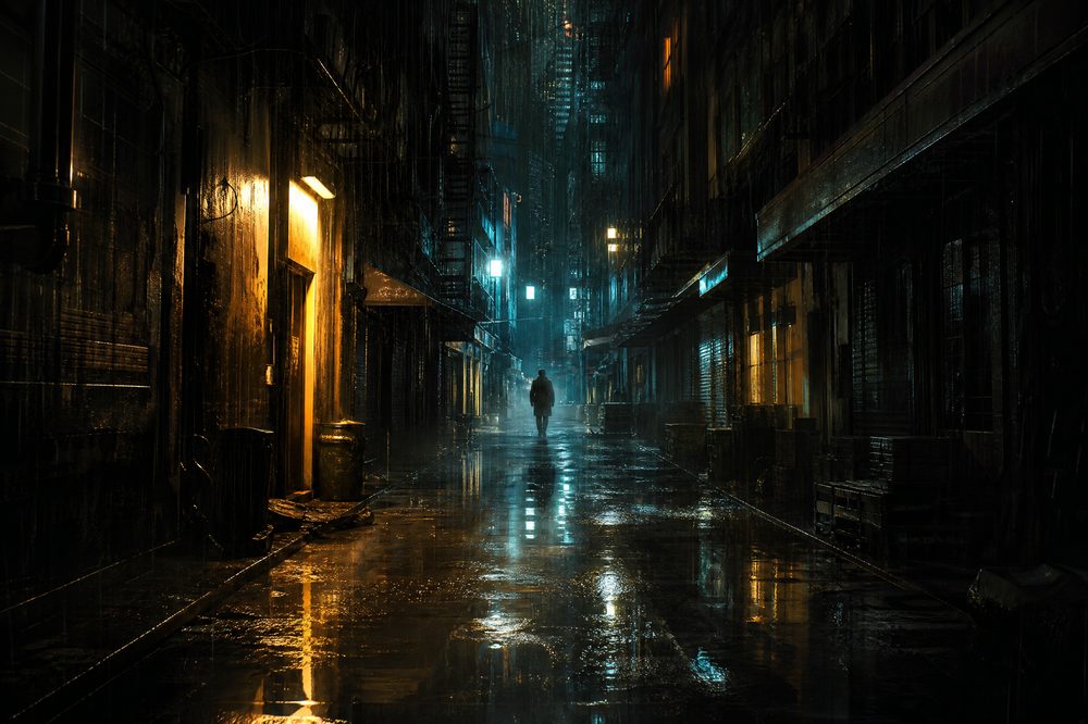 A narrow rain-soaked alley in a neon-lit city at night viewed down its length with reflections doubling every sign in standing water